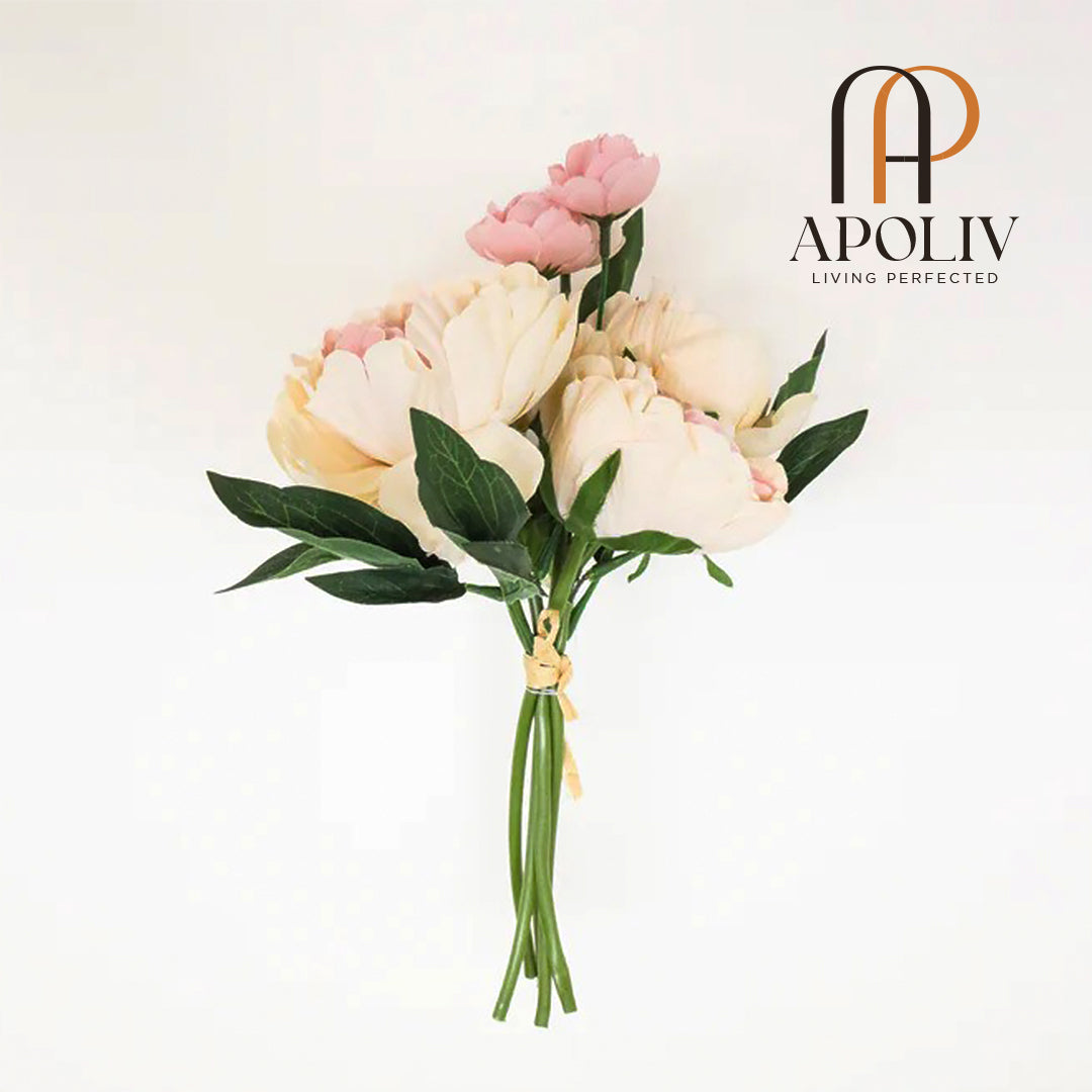 Apoliv - PEACH PINK AND CREAM ARTIFICIAL PEONY FLOWER BOUQUET 13’’X8’’